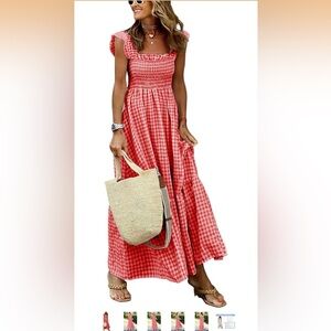 Women's Retro Plaid Smocked Dress Spaghetti Strap Flounce Long Dress